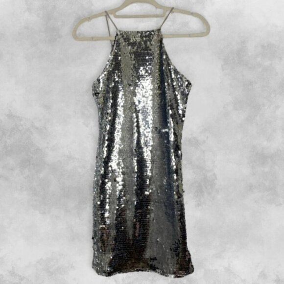 NWOT Stradivarius Silver Sequin Swiftie Metallic Spacecore Prom Mini Dress S - Picture 5 of 12